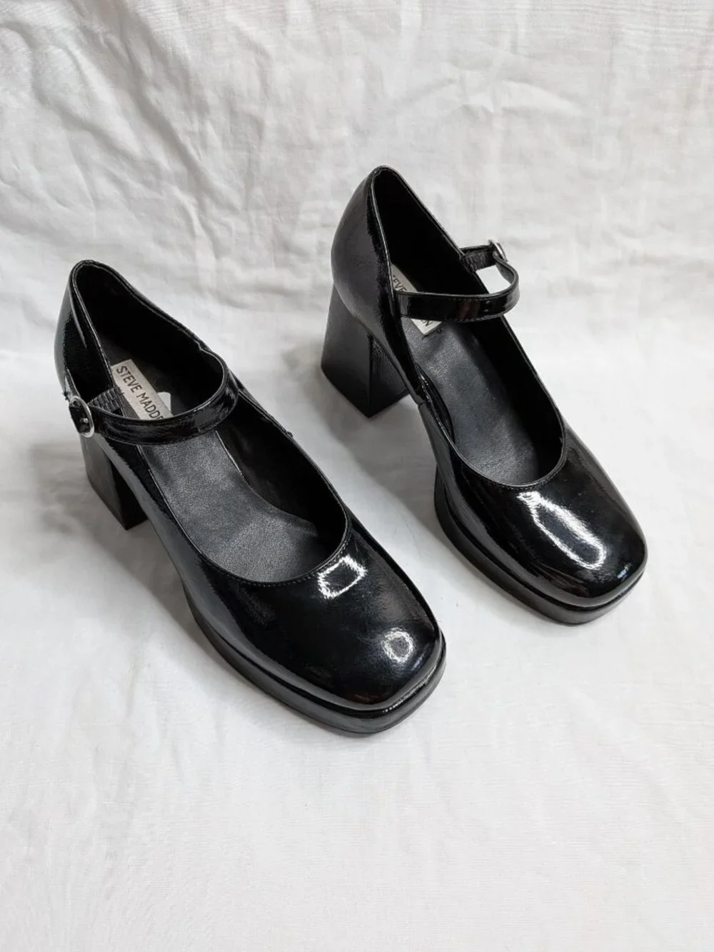 Steve Madden Mingle Black Faux Leather Mary Jane Platform Block Heels Size 11